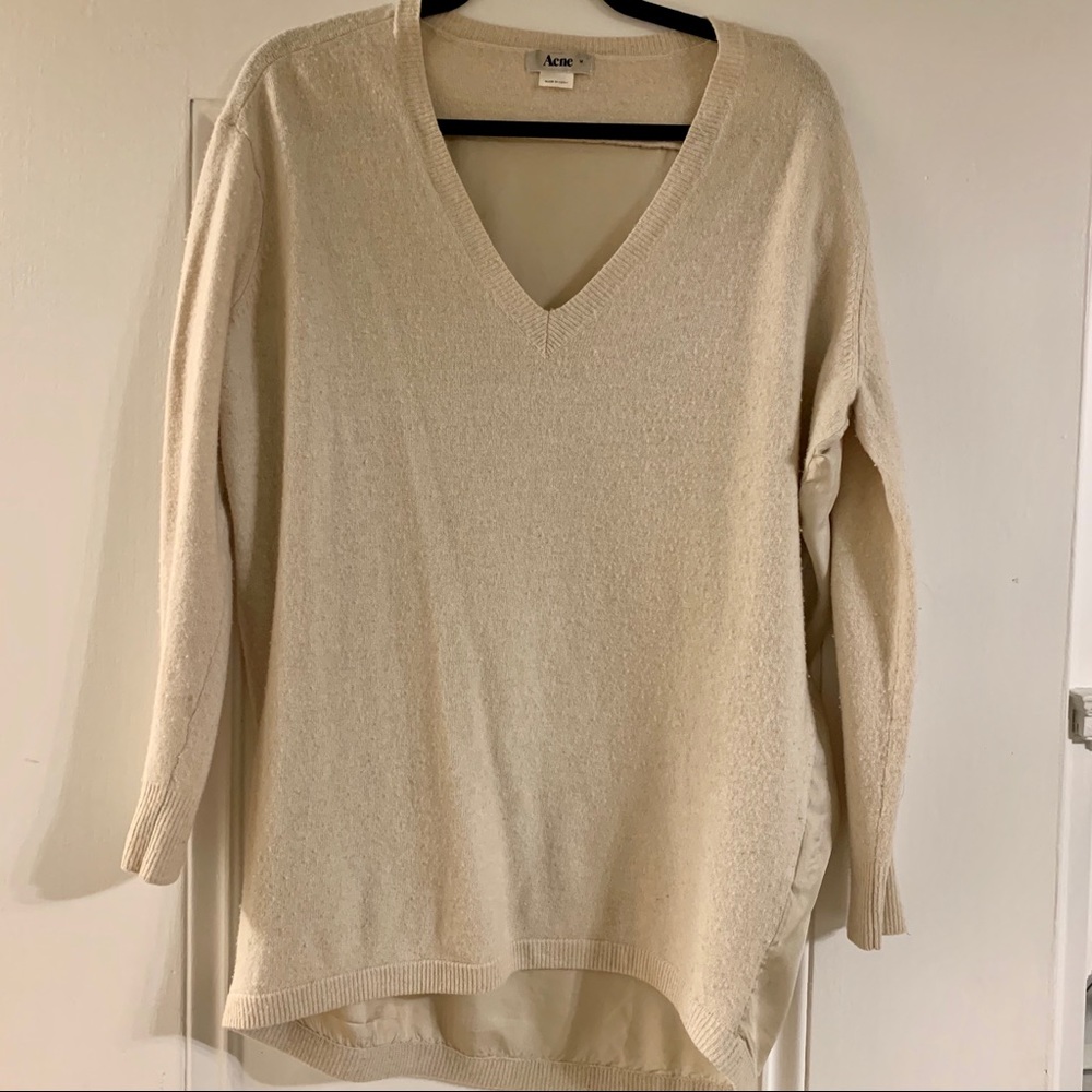 Acne v neck cream cashmere sweater with silk back